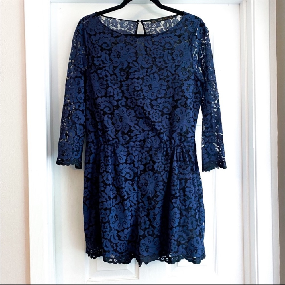 Zara Midnight Blue Floral Lace Net Romper | Summer Night Out | Size Medium
